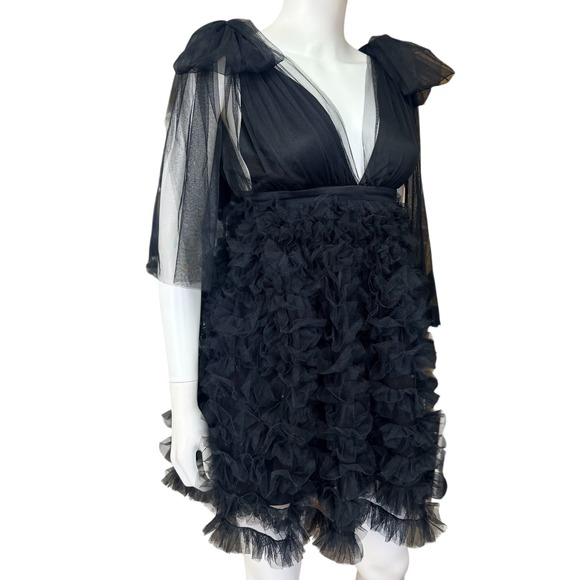 Black Sheer Tulle Ruffle Dress Bow Shoulder Fairy Goth Romantic Aesthetic XS - Picture 2 of 11